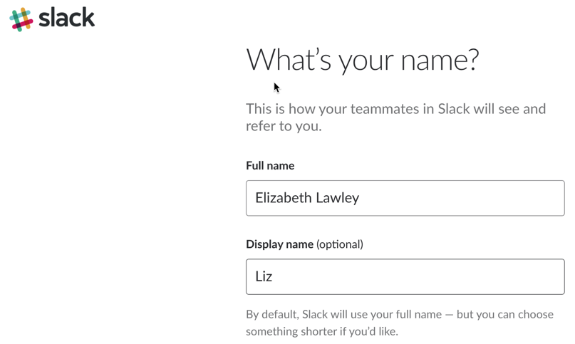 Slack name entry screenshot