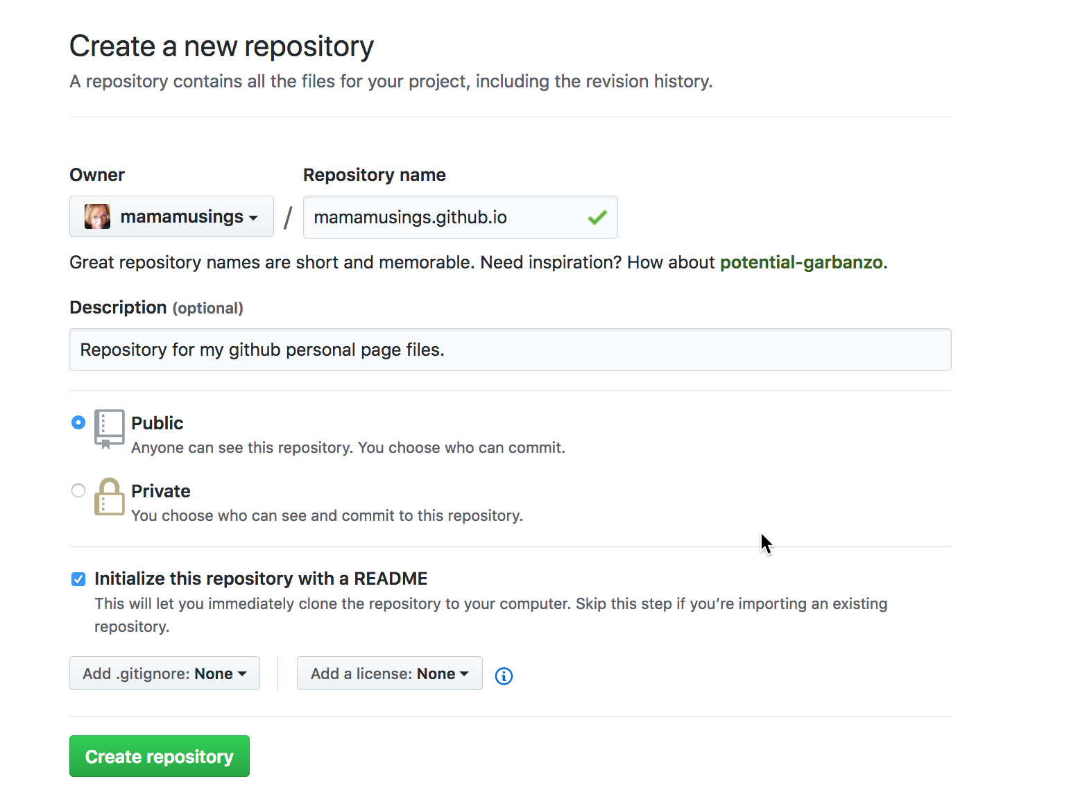 screenshot of new repository creation page